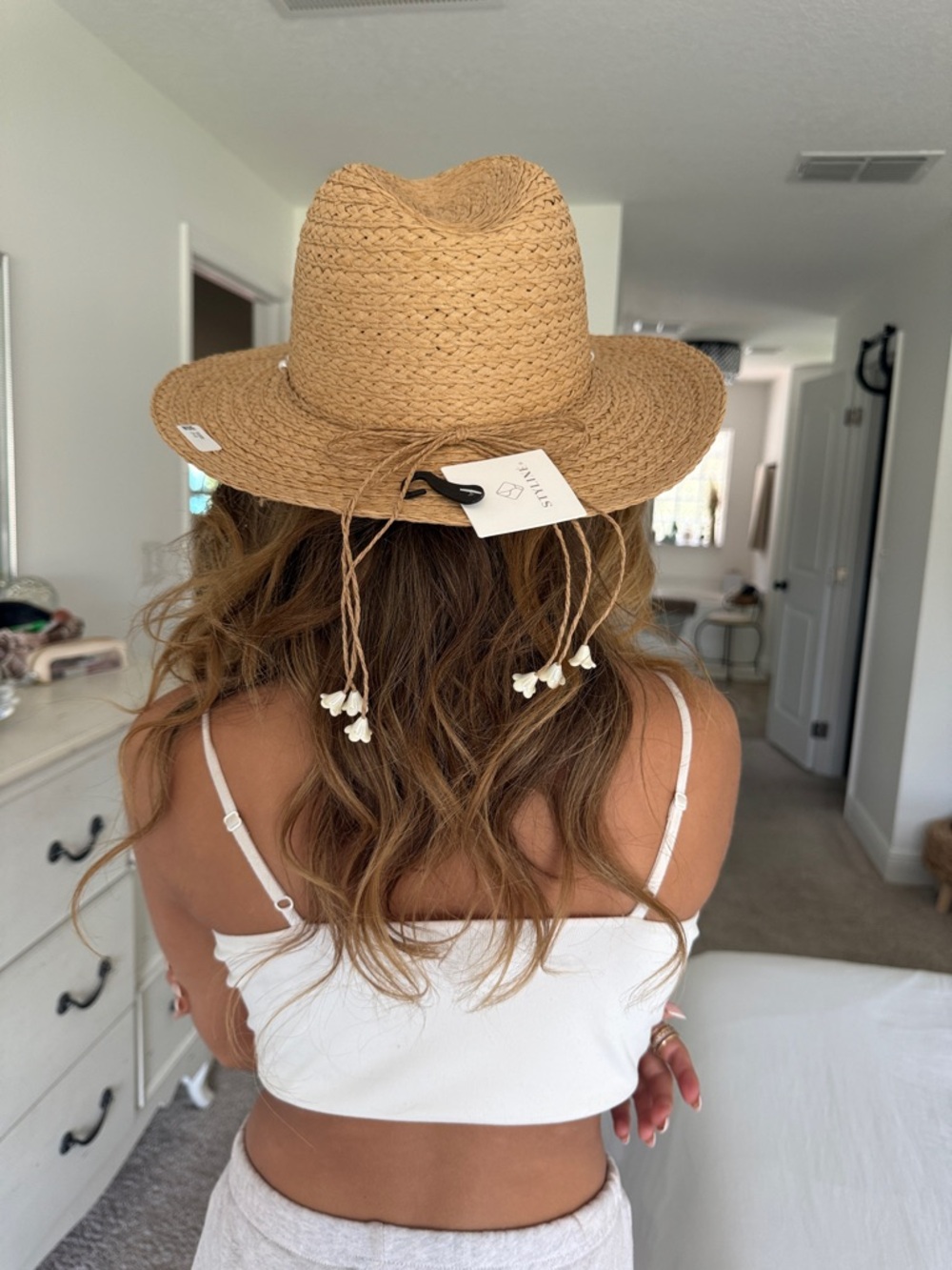 Straw Wide-Brim Beach Hat with Pearl Trim - Picture 8 of 9